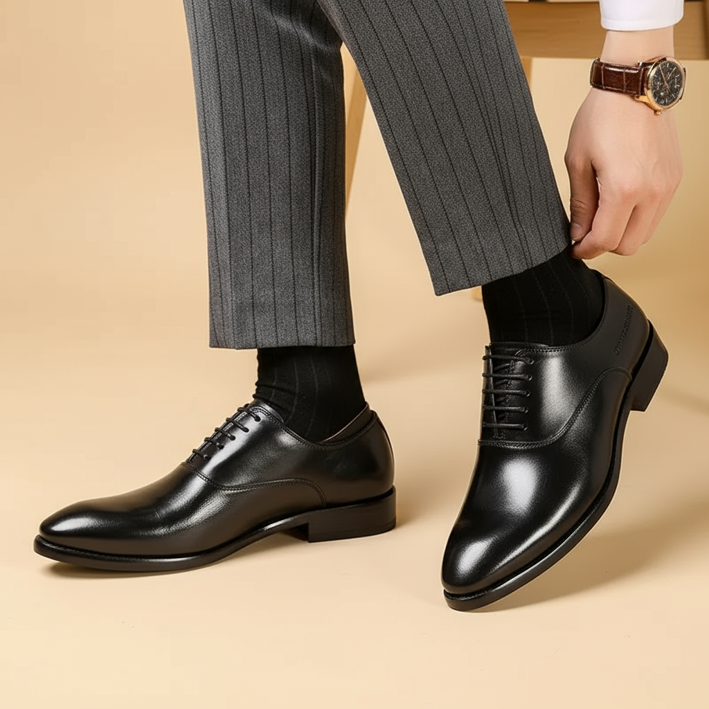 Oxford noires à lacets portées en studio, vue trois quarts avec pantalon rayé et chaussettes noires 3