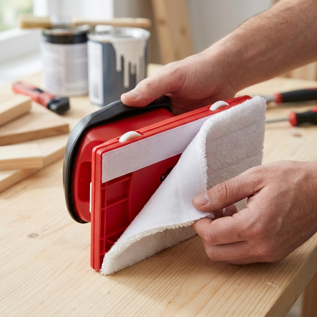 Mains fixant un coussinet blanc sur la semelle rouge du bordureur, bande autoagrippante visible, sur un établi avec pot de peinture. 3