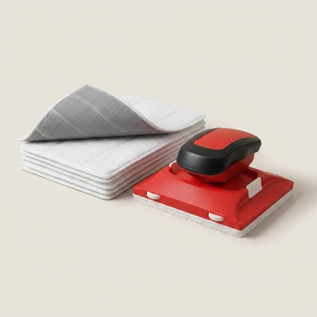 Pile de coussinets blancs en microfibre, le dessus replié montrant son dos gris, posée à côté du bordureur rouge et noir. 1