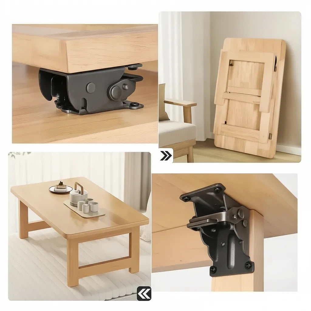 Quatre vues : support noir sur un pied, table basse dépliée avec service à thé, plateau replié contre un mur, gros plan du support. 6