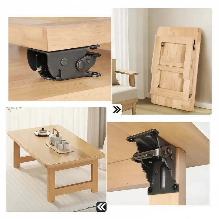 Quatre vues : support noir sur un pied, table basse dépliée avec service à thé, plateau replié contre un mur, gros plan du support. 6