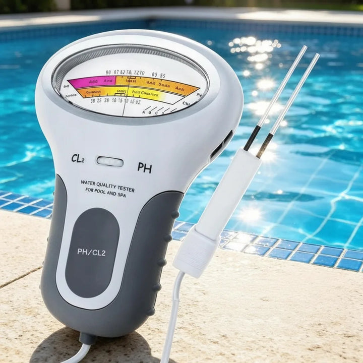Testeur blanc et gris posé au bord d'une piscine, cadran coloré visible et sonde à deux pointes déployée sur son câble. 1