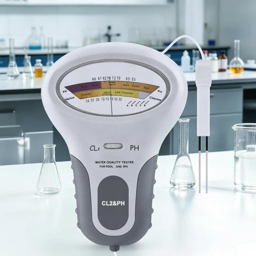 Testeur posé sur une paillasse de laboratoire entre des éprouvettes et fioles, sonde à deux pointes dressée à côté du cadran. 5