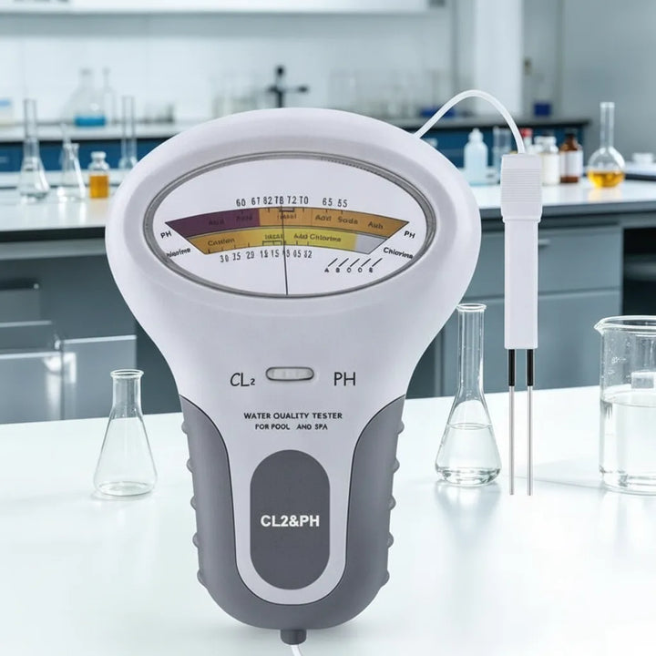 Testeur posé sur une paillasse de laboratoire entre des éprouvettes et fioles, sonde à deux pointes dressée à côté du cadran. 5