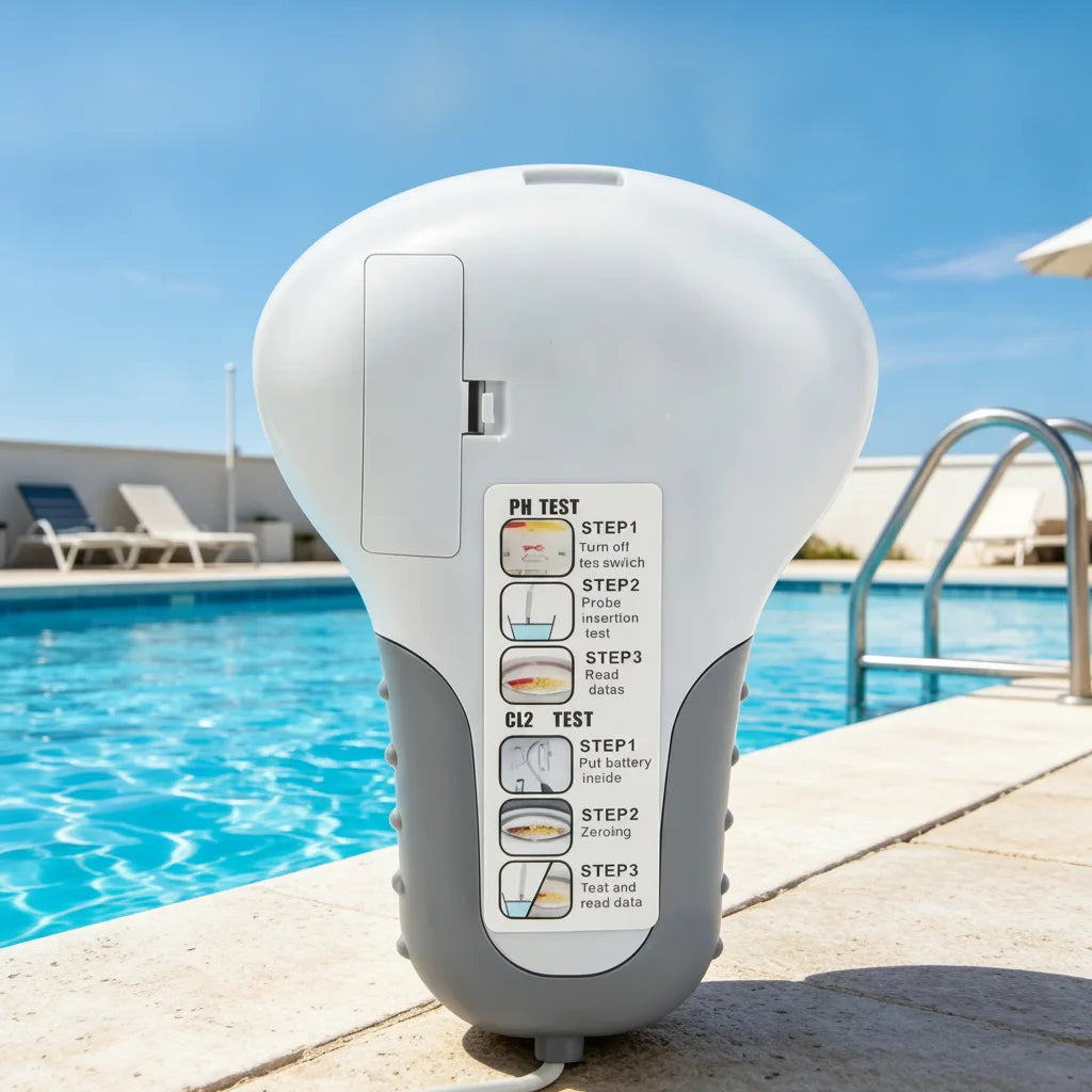 Dos du testeur avec l'étiquette d'instructions en étapes et le compartiment à pile, posé au bord d'une piscine. 6