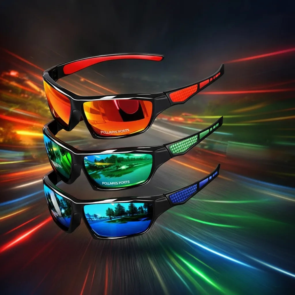 Trois paires aux verres miroir orange, verts et bleus, devant un fond de traînées lumineuses colorées 8