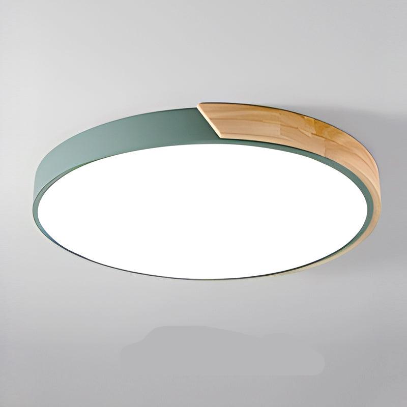 Plafonnier vert d'eau avec segment en bois clair sur le bord, vu de dessous sur fond gris. 13