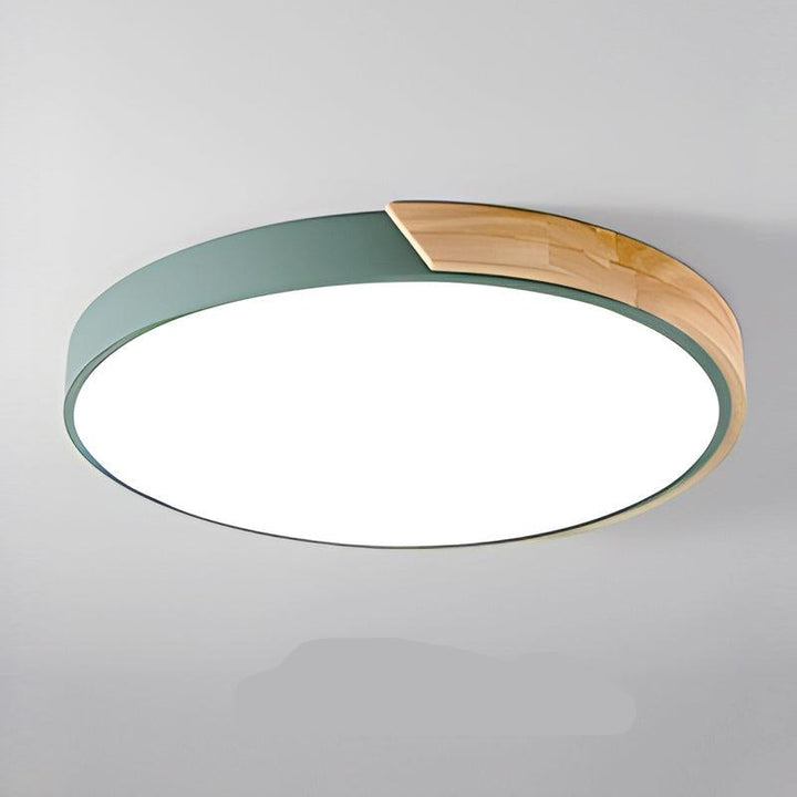 Plafonnier vert d'eau avec segment en bois clair sur le bord, vu de dessous sur fond gris. 13