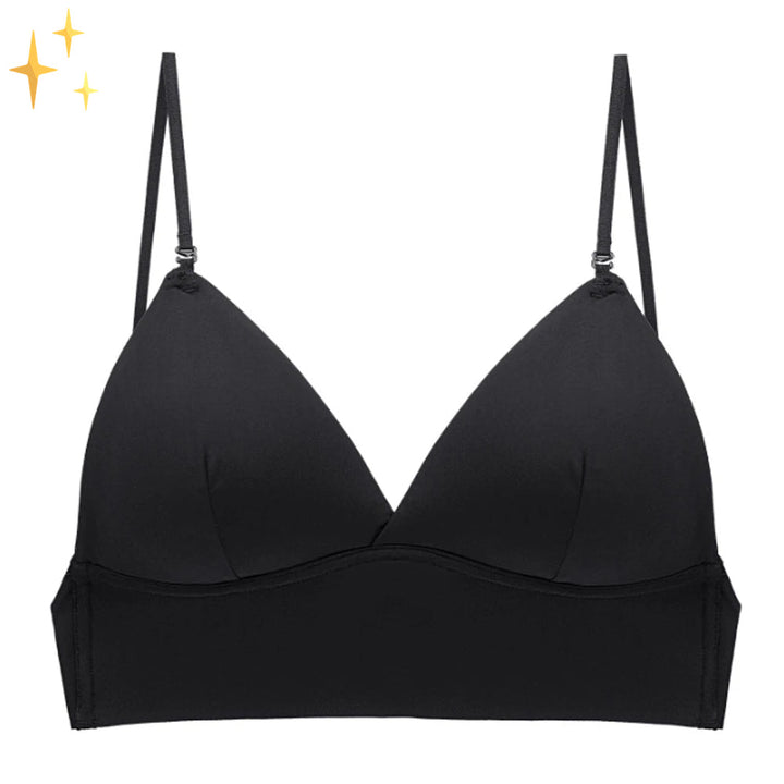 Soutien-gorge noir sans coutures apparentes, vu de face sur fond blanc, avec bretelles fines et bonnets triangulaires. 7