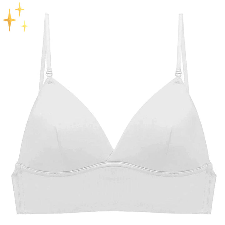 Soutien-gorge blanc à bonnets triangulaires posé à plat sur fond blanc, vu de face, avec fines bretelles ajustables. 10
