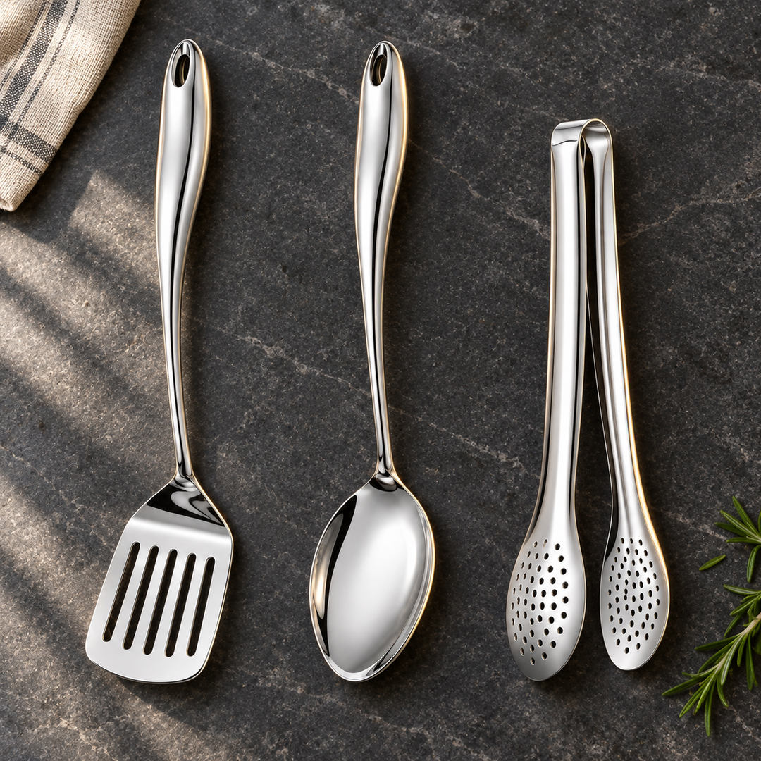 Spatule à fentes, cuillère et pince en acier inoxydable posées sur un plan de travail en pierre sombre, avec torchon et romarin. 5
