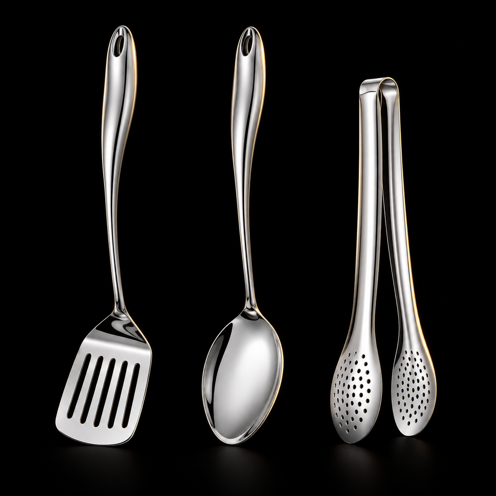 Trois ustensiles en acier inoxydable poli sur fond noir : spatule à fentes, cuillère de service et pince perforée. 2