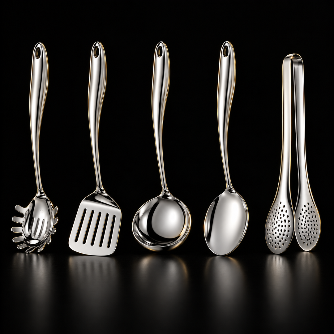 Set de cinq ustensiles en acier inoxydable poli sur fond noir : cuillère à spaghetti, spatule, louche, cuillère et pince. 1
