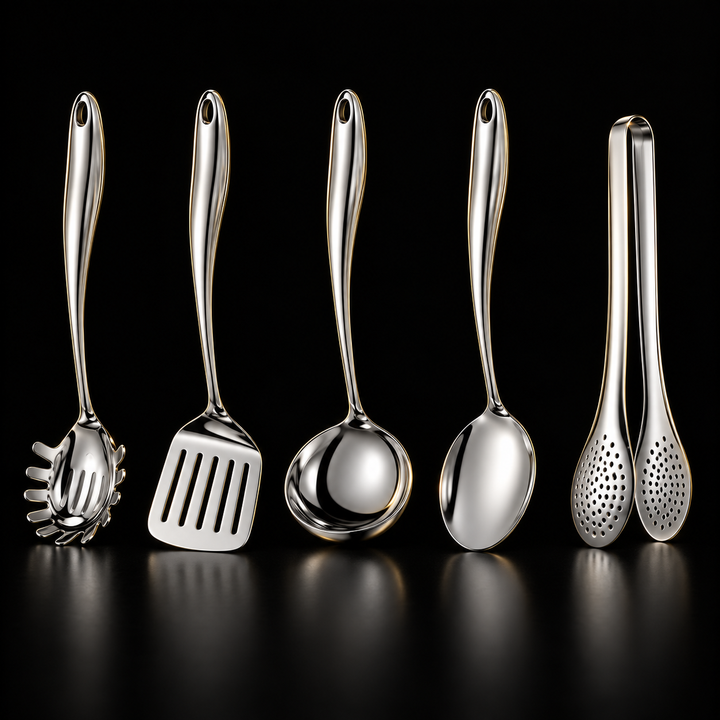 Set de cinq ustensiles en acier inoxydable poli sur fond noir : cuillère à spaghetti, spatule, louche, cuillère et pince. 1