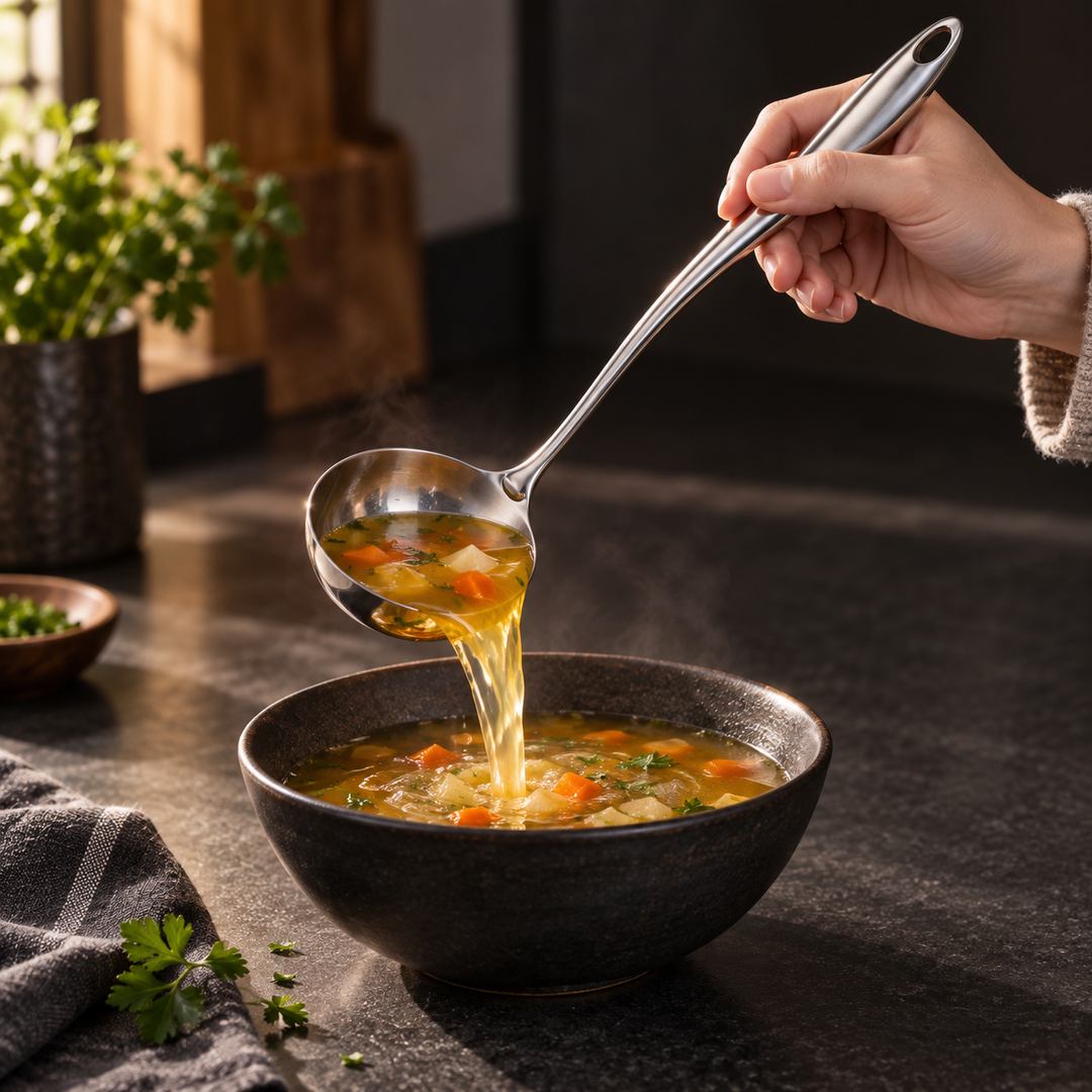 Une main verse du bouillon de légumes avec la louche en acier inoxydable dans un bol sombre, de la vapeur s'élevant. 12