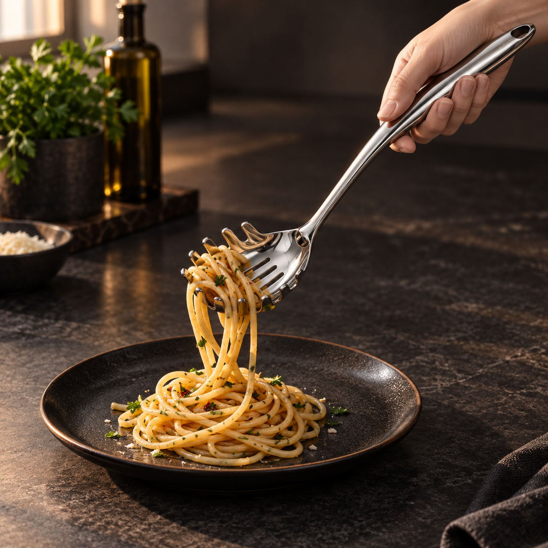 Une main soulève des spaghettis avec la cuillère à pâtes à dents au-dessus d'une assiette sombre garnie de persil. 11