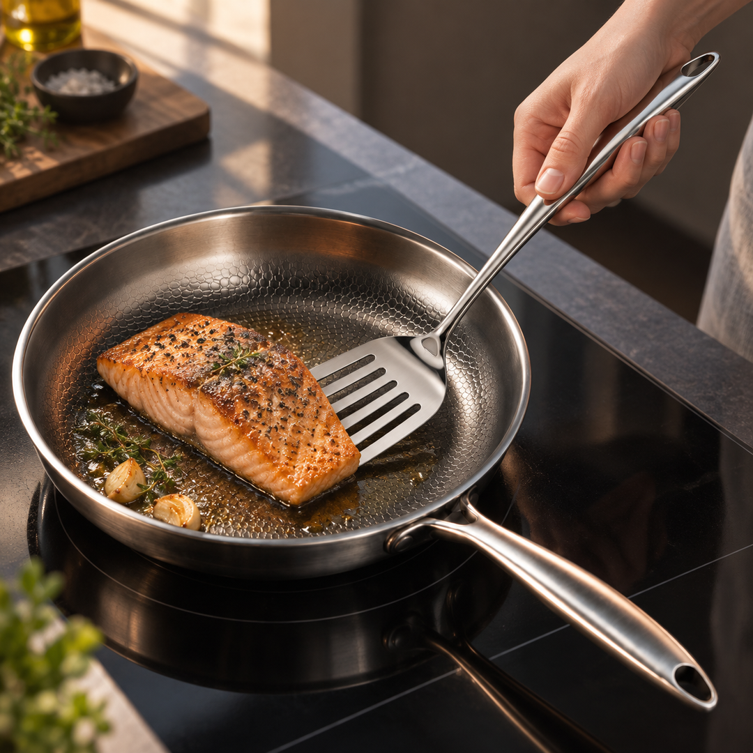 Une main retourne un pavé de saumon doré avec la spatule à fentes dans une poêle en inox, avec ail et thym. 10