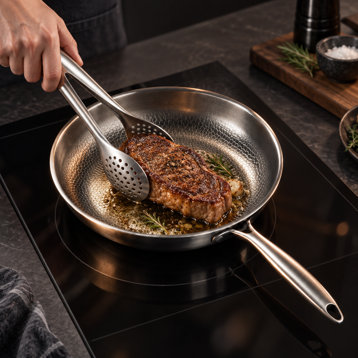 Une main saisit un steak grillé avec la pince perforée dans une poêle en acier inoxydable sur plaque à induction. 9