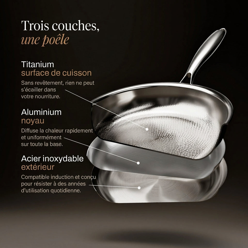 Vue éclatée d'une poêle montrant ses trois couches : surface en titane, cœur en aluminium, extérieur en inox 4