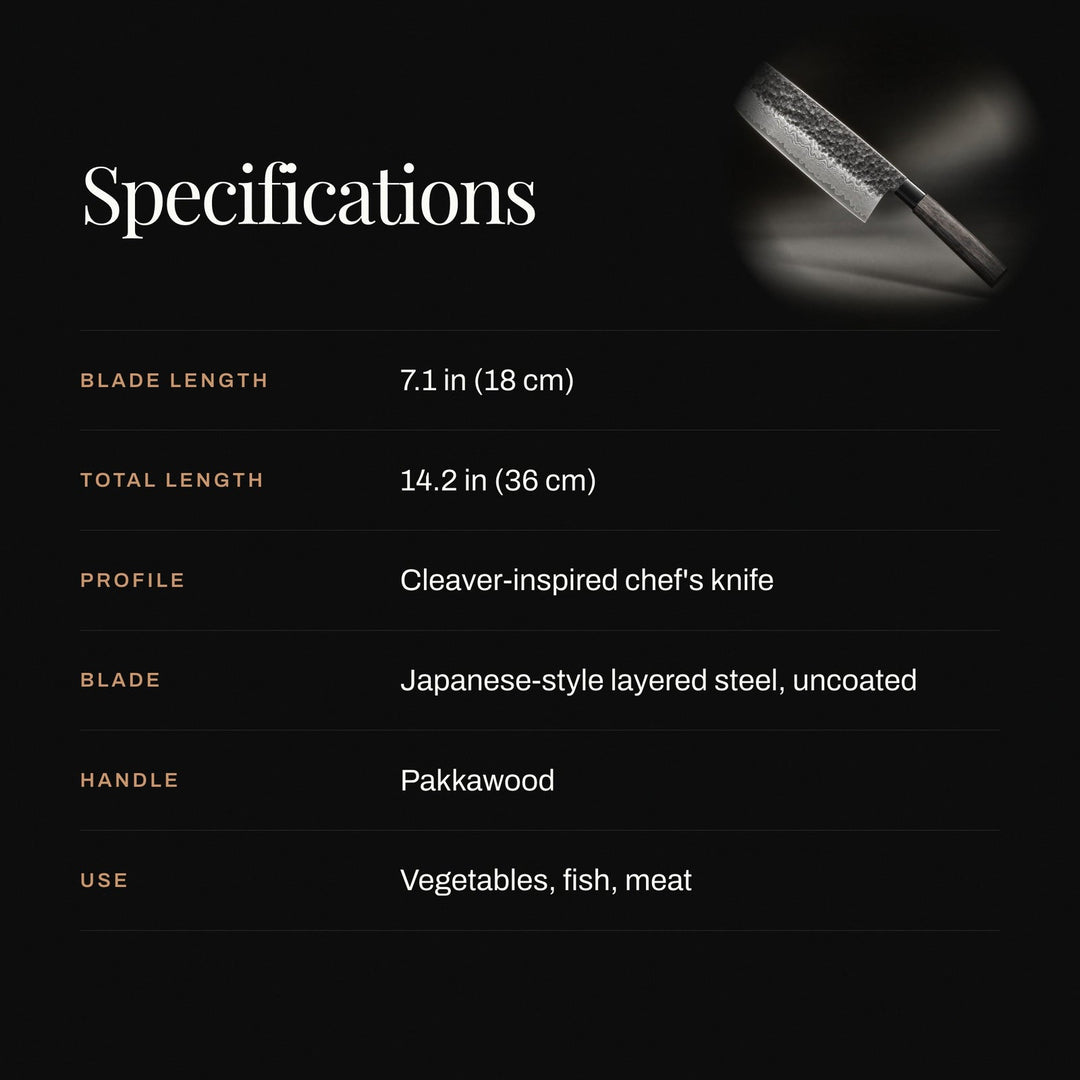 Visuel de caractéristiques sur fond noir listant dimensions, profil, lame, manche et usages, avec une petite image du couteau. 4