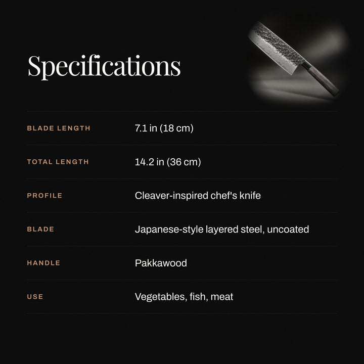 Visuel de caractéristiques sur fond noir listant dimensions, profil, lame, manche et usages, avec une petite image du couteau. 4