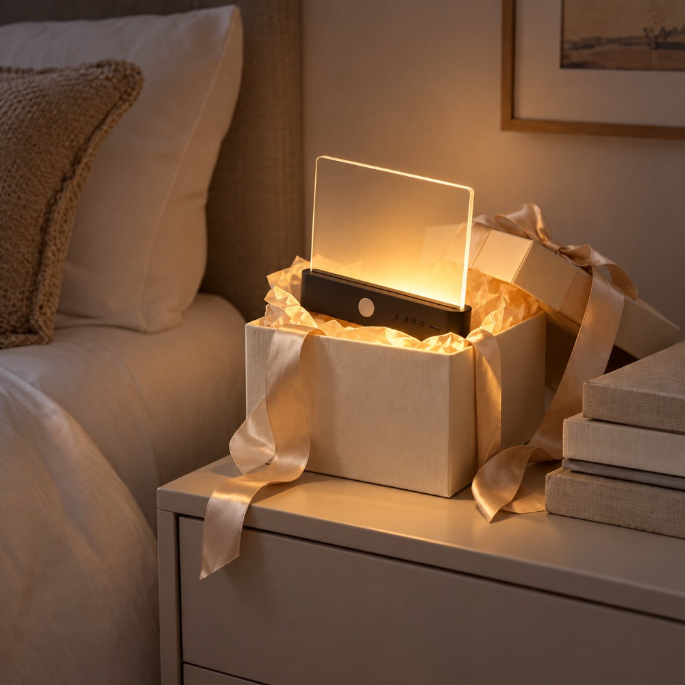 Lampe allumée à base noire dans une boîte cadeau ouverte avec ruban et papier de soie 11