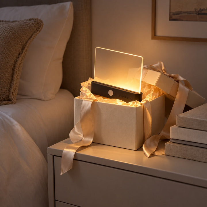 Lampe allumée à base noire dans une boîte cadeau ouverte avec ruban et papier de soie 11