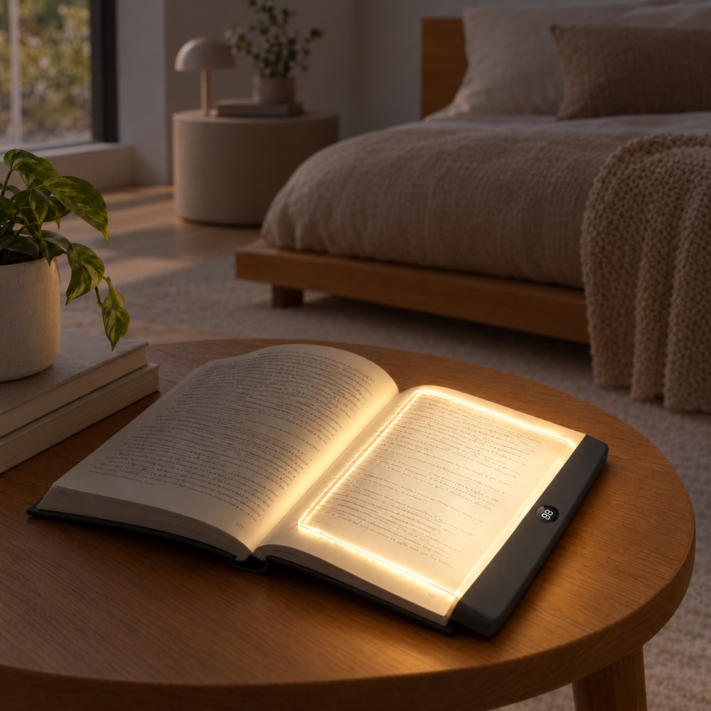 Panneau lumineux à bord noir posé sur un livre ouvert, sur une table ronde en bois dans une chambre 7