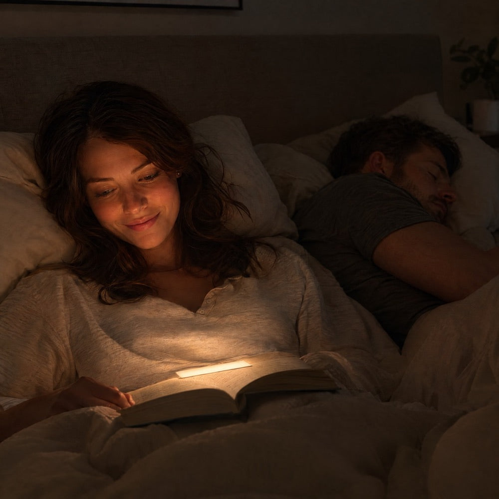 Femme souriante lisant dans son lit à la lumière douce posée sur le livre, son conjoint dormant 2