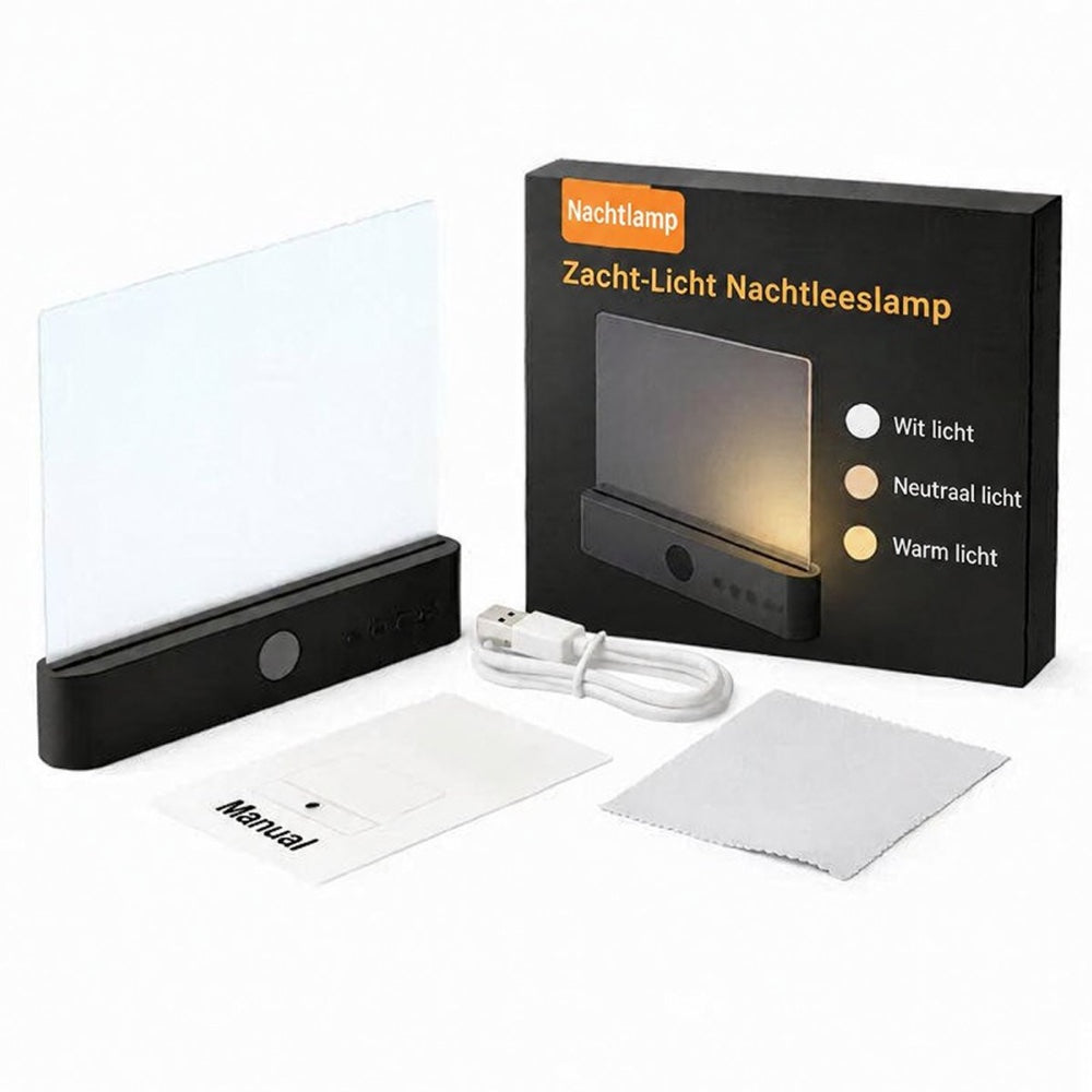 Contenu de l'emballage : lampe à base noire, boîte, câble USB, notice et chiffon de nettoyage 13