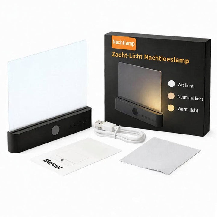 Contenu de l'emballage : lampe à base noire, boîte, câble USB, notice et chiffon de nettoyage 13