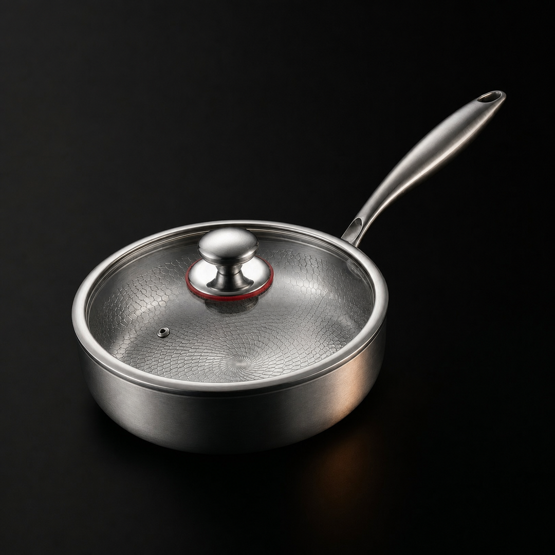 Poêle profonde fermée par un couvercle en verre à bouton métallique et orifice de vapeur 3