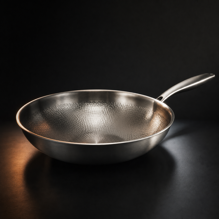 Wok vide posé sur fond noir, vu de côté, avec son intérieur martelé et son long manche métallique. 1