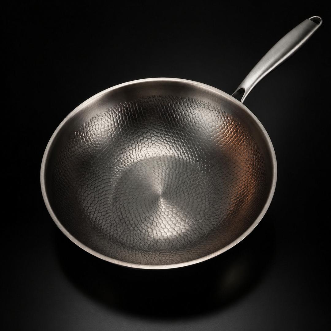 Wok vide photographié du dessus, montrant la texture martelée du fond et des parois et le manche. 2