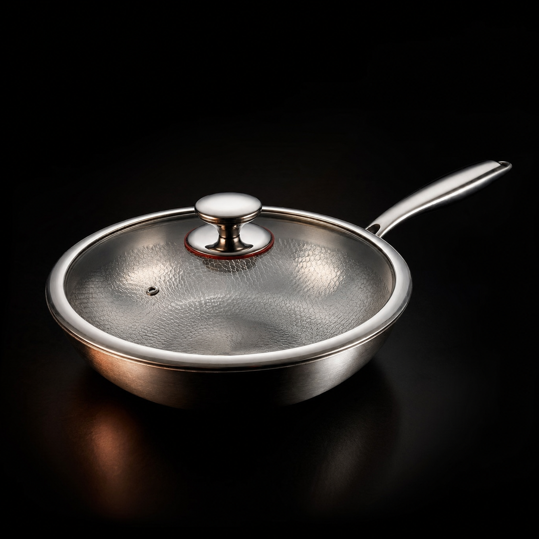 Wok recouvert de son couvercle en verre à bouton métallique, vu de côté sur fond sombre. 3