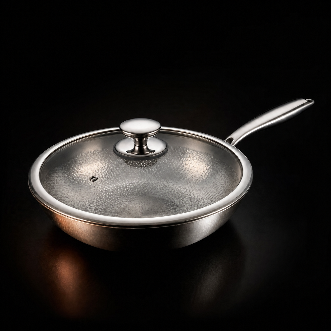 Wok recouvert de son couvercle en verre à bouton chromé, posé sur fond noir avec reflets cuivrés. 4