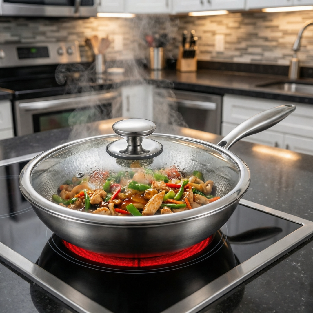 Wok avec couvercle en verre sur une plaque électrique rougeoyante, poulet et légumes visibles à l'intérieur dans une cuisine. 7
