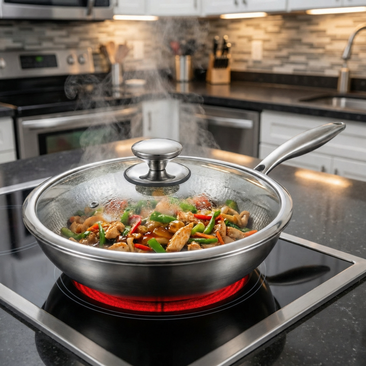 Wok avec couvercle en verre sur une plaque électrique rougeoyante, poulet et légumes visibles à l'intérieur dans une cuisine. 7
