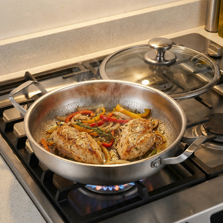 Deux blanquettes de poulet dorées avec poivrons et oignons cuisent dans la poêle sur un feu de cuisinière à gaz. 5