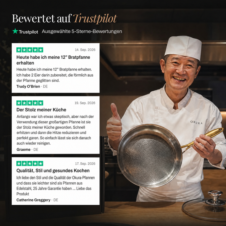 Cuisinier en tenue blanche souriant et pouce levé, tenant la poêle, avec trois avis clients cinq étoiles à côté. 7