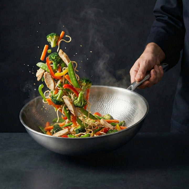 Cuisinier faisant sauter des nouilles, du poulet et des légumes colorés projetés en l'air au-dessus du wok. 9