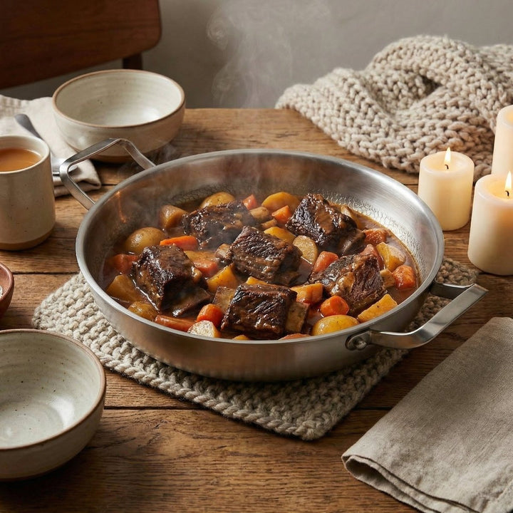 Ragoût de viande aux carottes et pommes de terre servi dans la poêle sur une table en bois, avec bougies allumées. 8