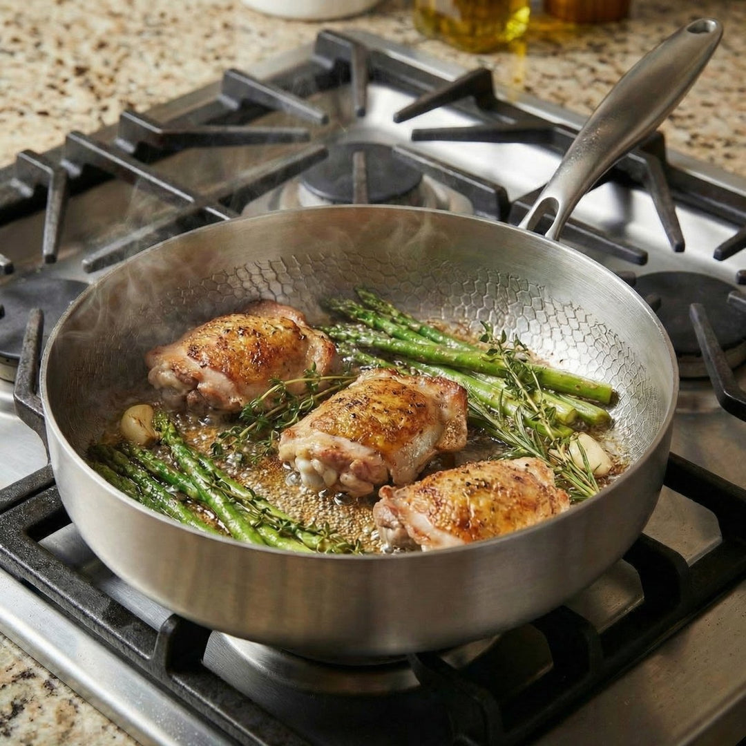 Poêle sur un feu de cuisinière à gaz, avec cuisses de poulet dorées, asperges et thym 4
