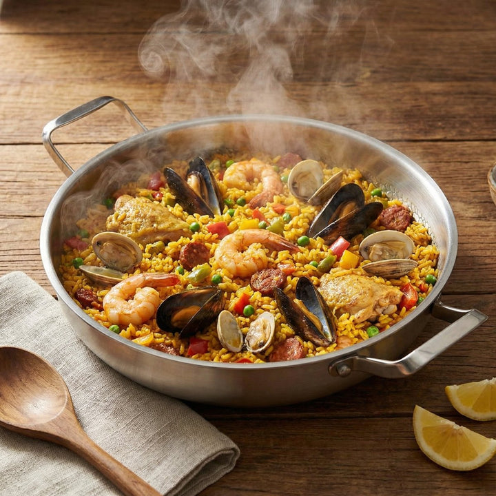 Paëlla fumante aux crevettes, moules, poulet et chorizo servie dans la poêle sur une table en bois avec citron. 7