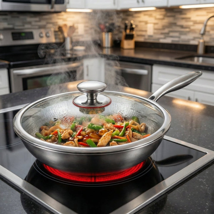 Wok couvert de son couvercle en verre, rempli de poulet et de légumes, sur une plaque vitrocéramique rouge. 6