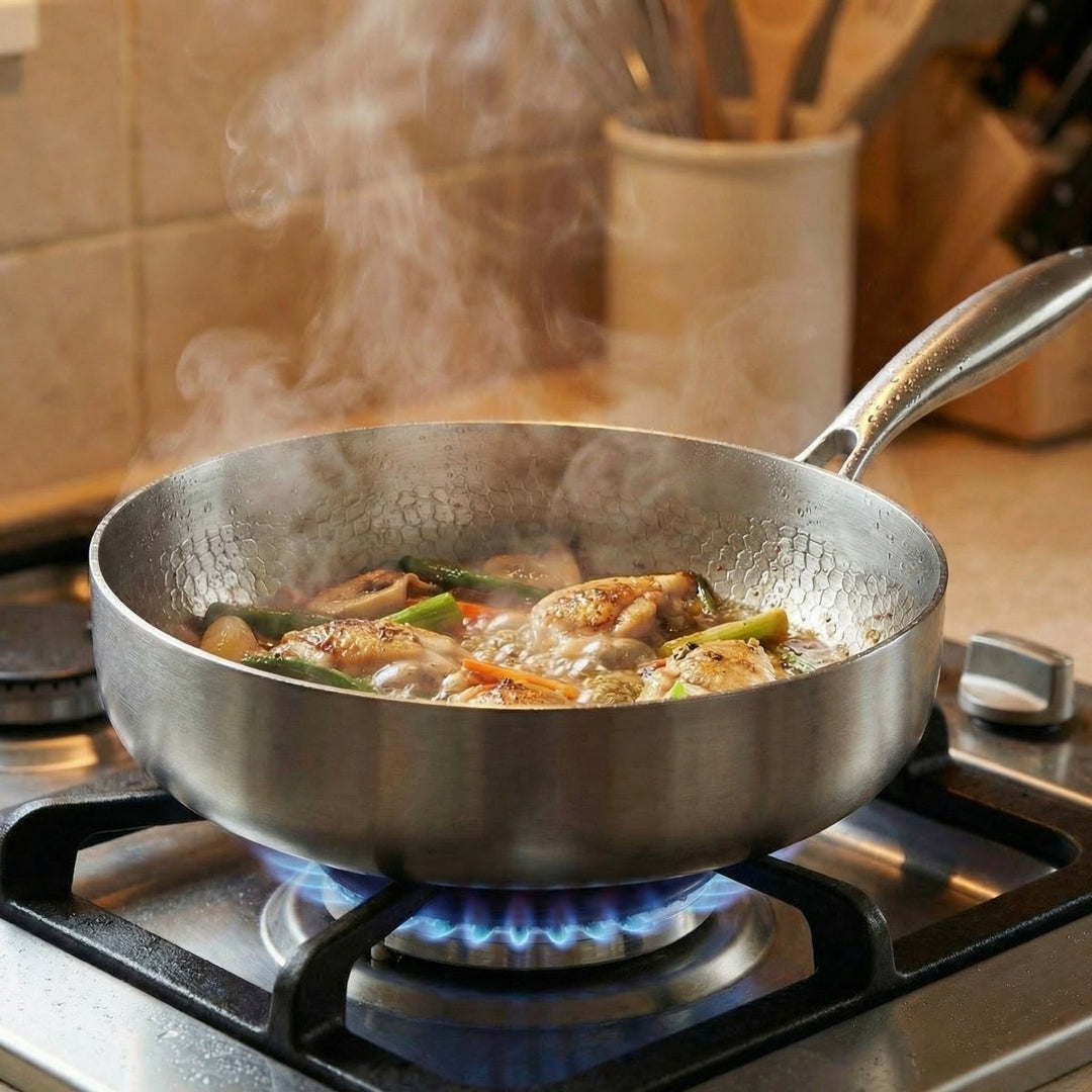 Poêle sur une flamme de gaz bleue, plat mijotant en pleine cuisson avec de la vapeur 6