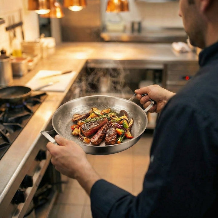 Un cuisinier tient la poêle par ses deux poignées, garnie de tranches de viande grillée et de légumes, dans une cuisine professionnelle. 6