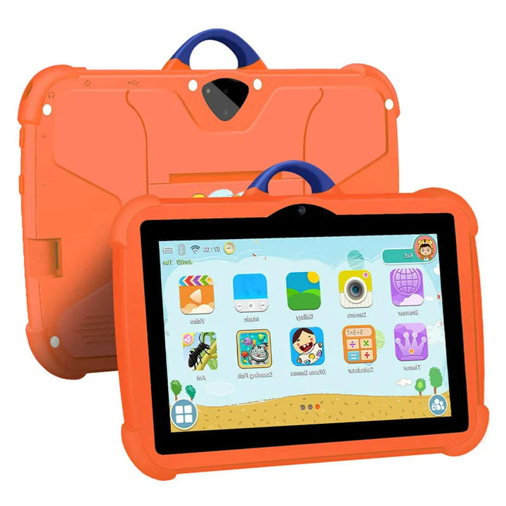 Tablette orange vue de dos et de face, avec poignée bleue et écran d'applications 10
