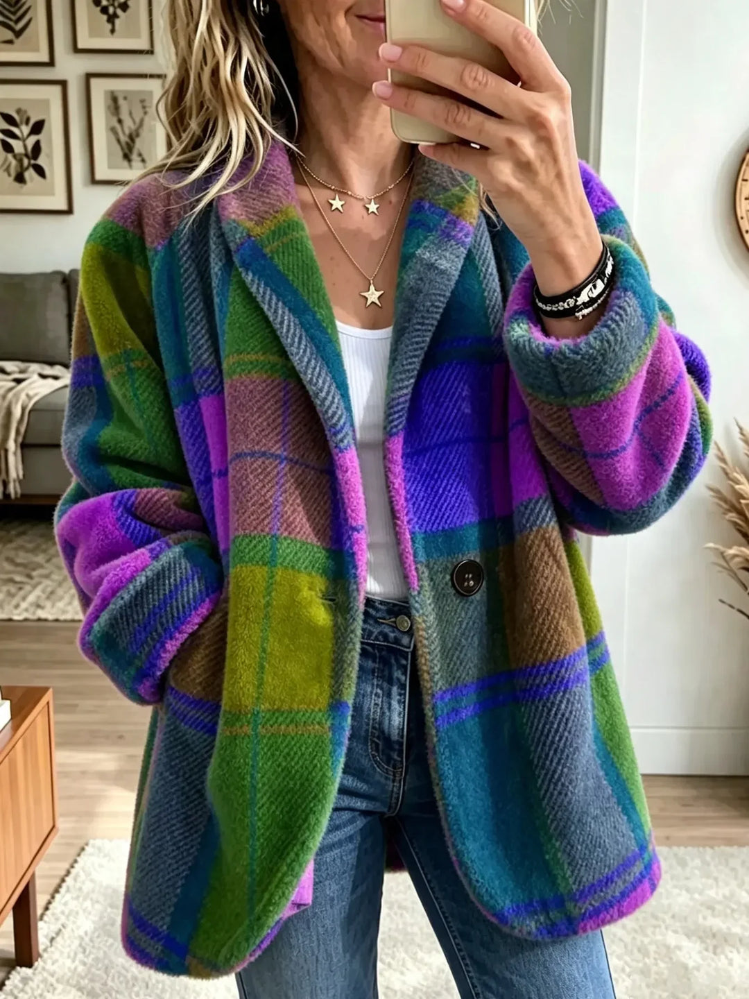 Manteau à carreaux dans un coloris violet, vert et bleu, porté ouvert sur un jean, une femme prenant un selfie au miroir. 5