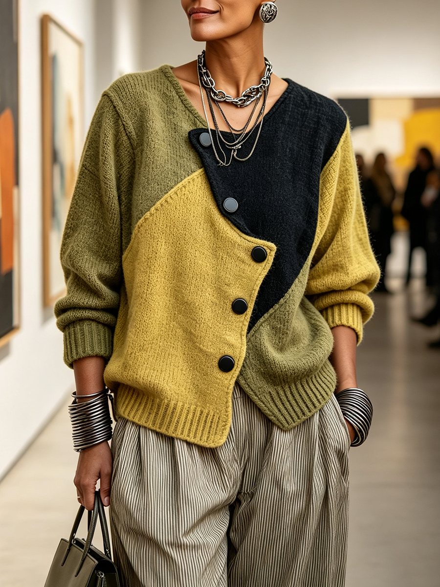 Femme en pull colorblock à boutons asymétriques et pantalon rayé, un sac à la main, dans une galerie d'art. 2